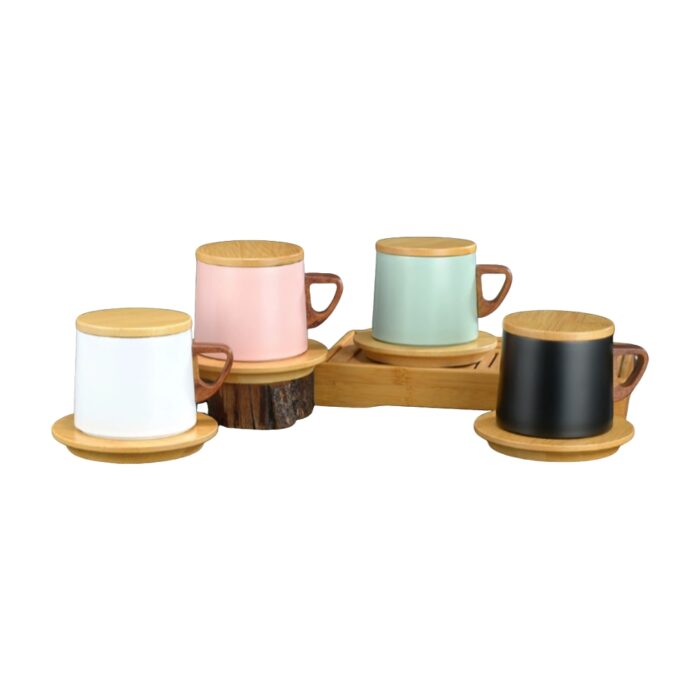 stainless steel cup with wooden mat