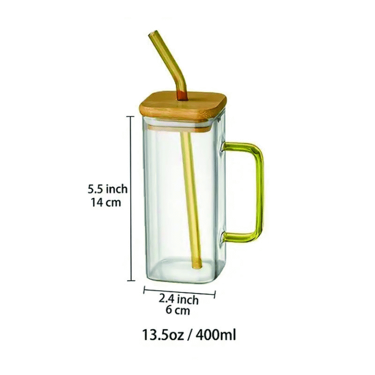 Tasse en verre de poignée de couleur carrée
