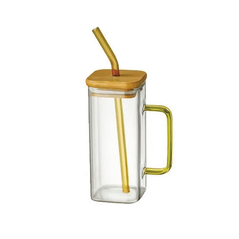 Tasse en verre de poignée de couleur carrée